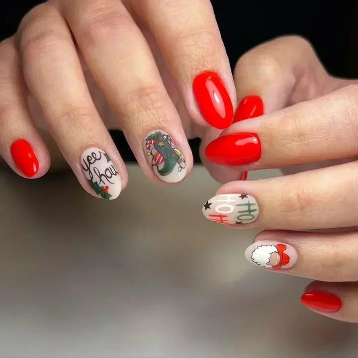 24Pc Halloween False Nails with Almond Head Designs Cute Clown Fake Nails French Full Cover Manicure Press on Nail Tips for Girl
