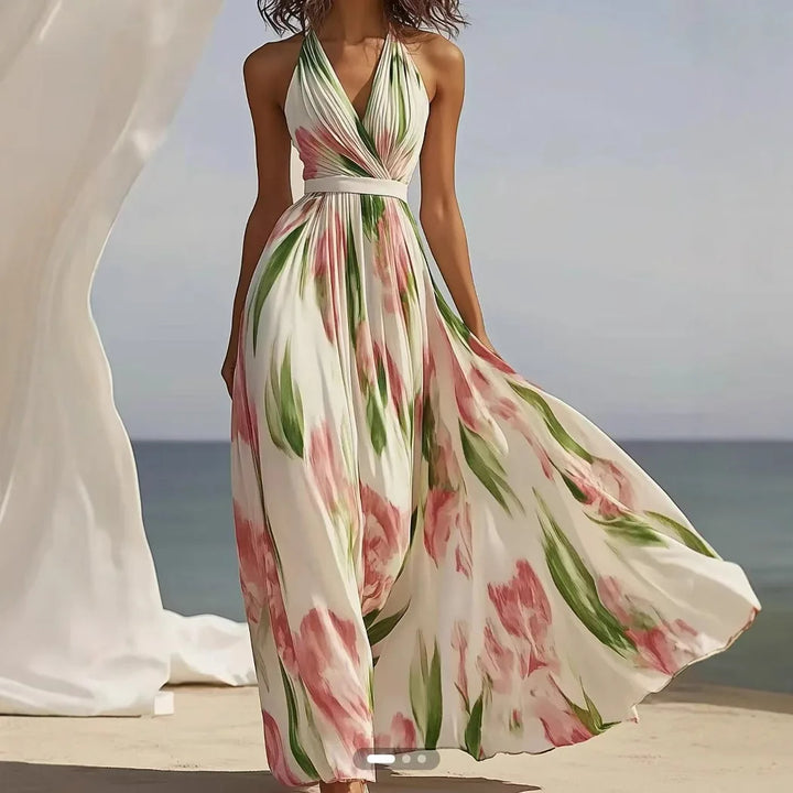 Summer Women's V-neck Fashionable Printed  Style Long Suspender Dress Elegant Long Dress