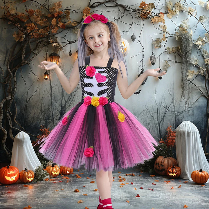 Halloween Kids Dress Cosplay Heart Print Skeleton Costumes Girls Floral Skull Tutu Clothes Children Carnival Performance Outfits