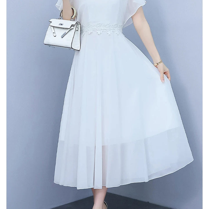 Long Elegant Dress White Chiffon /Black Butterfly Sleeve  Women Bodycon Chic Prom Night Dress