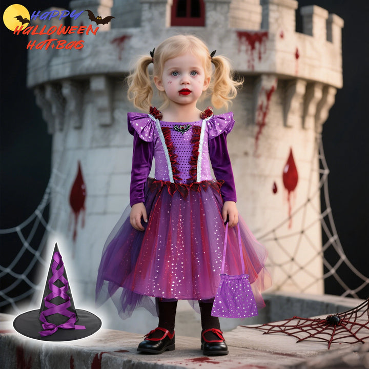 Halloween Children Girls Witch Party Dress Gothic Ghost Costume Kids Gown Robe Tutu Dress Witch Hat For Purim Carnival Party