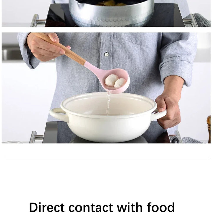 Pink Cooking Kitchenware Tool Silicone Utensils With Wooden Multifunction Handle Non-Stick Spatula Ladle Egg Beaters Shovel