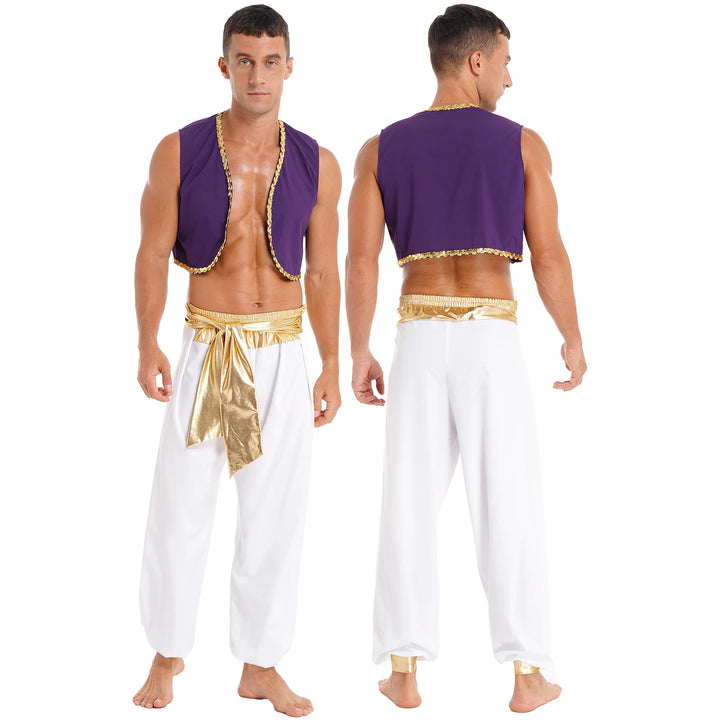 Mens Halloween Costume Mythical Arabian Prince Carnival Cosplay Party Outfit Sequin Trim Waistcoat with Belted Pants