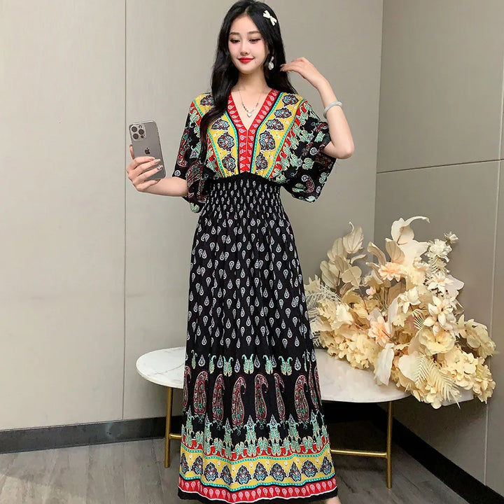 V-neck Large Skirt Hem Casual Sweet Long Dress Bat Sleeves Elastic Waist Bohemian Print Floral Elegant .