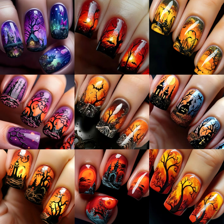 Halloween Fashion Nail Art 216 pieces Nail art patch set Pumpkin Moon Bat Flower Table Nail Art patch Detachable nail art mid-le