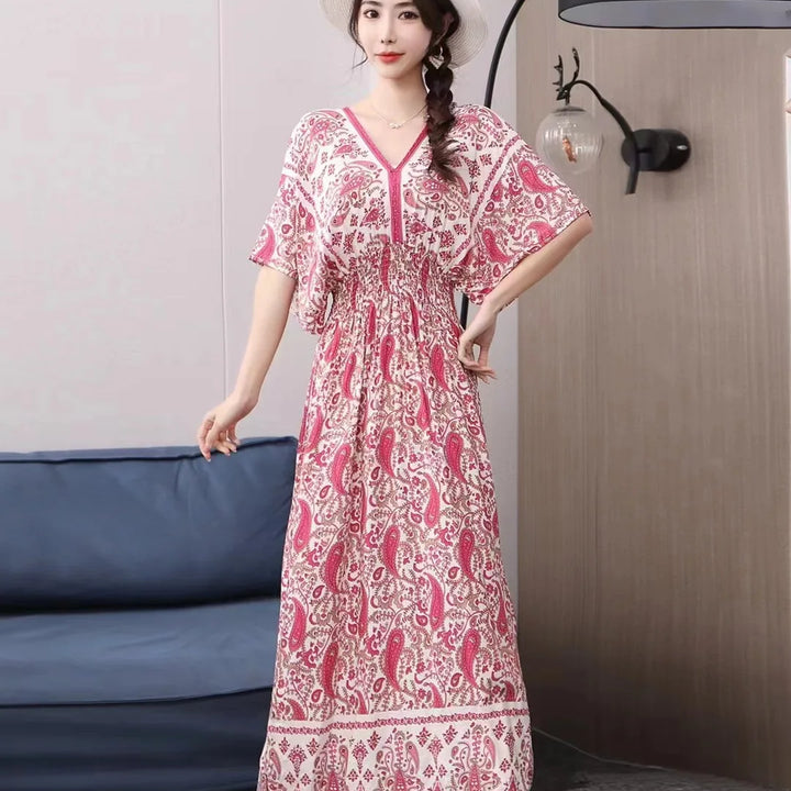 V-neck Large Skirt Hem Casual Sweet Long Dress Bat Sleeves Elastic Waist Bohemian Print Floral Elegant .