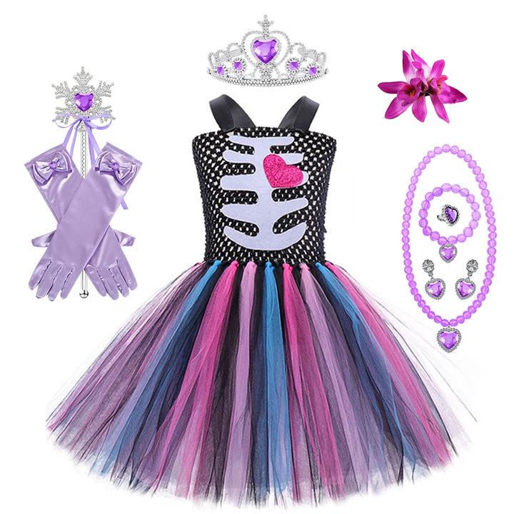 Halloween Kids Dress Cosplay Heart Print Skeleton Costumes Girls Floral Skull Tutu Clothes Children Carnival Performance Outfits