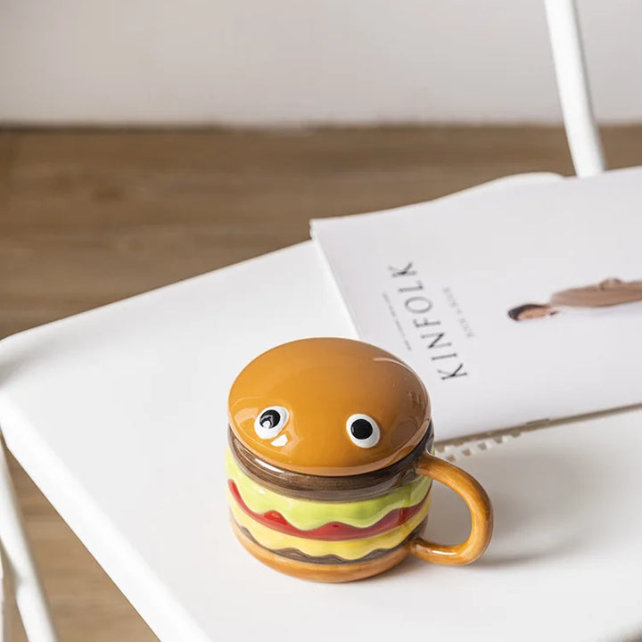 300ML Coffee Mugs Creative Hamburger Shaped Water Cup with Lid Cute and Cute Breakfast Cup Large Capacity Ceramic Hamburger Mug