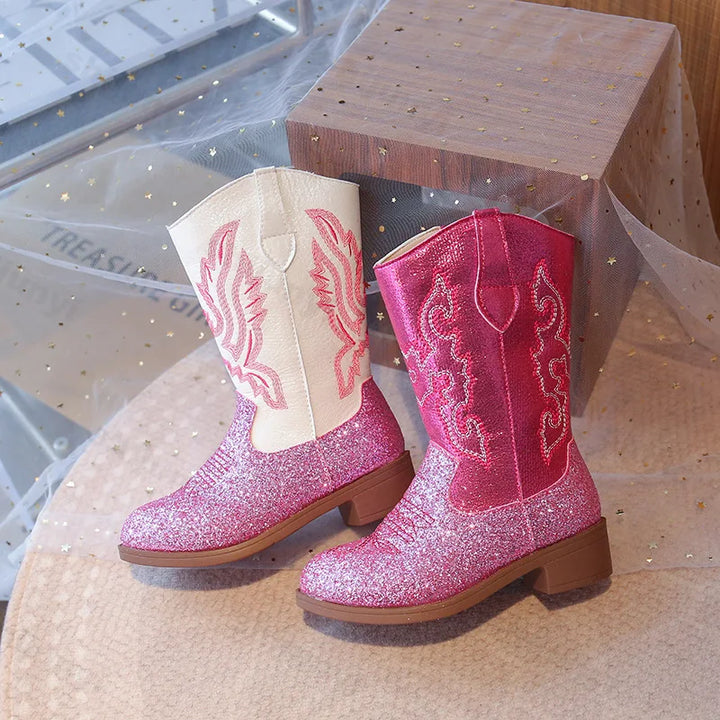 Girls Boots Toddler Snow Gear Mid Calf Glitter Western Cowboy Boot 2025 Autumn Big Kid Riding Girls Botas Size 27-36 Kids Shoes
