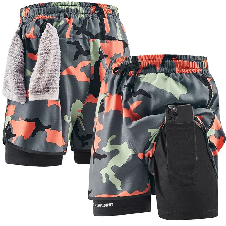 Men's running shorts  quick drying fitness camouflage double-layer shorts  men's new sports training and bodybuilding shorts