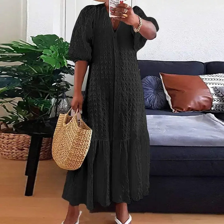 Fashion New Women's Pleated Dress V-neck Single Breasted Casual  Elegant Temperament Style Long Dress
