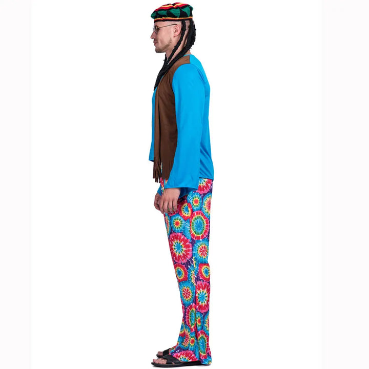 Men’s 60s & 70s Hippie Costume Set – Retro Pants, Shirt, Fringe Vest, Necklace, Glasses & Rasta Hat with Dreadlocks"✨ Step back in time with this complete 60s & 70s hippie outfit! Perfect for Halloween, retro parties, music festivals, and themed events.