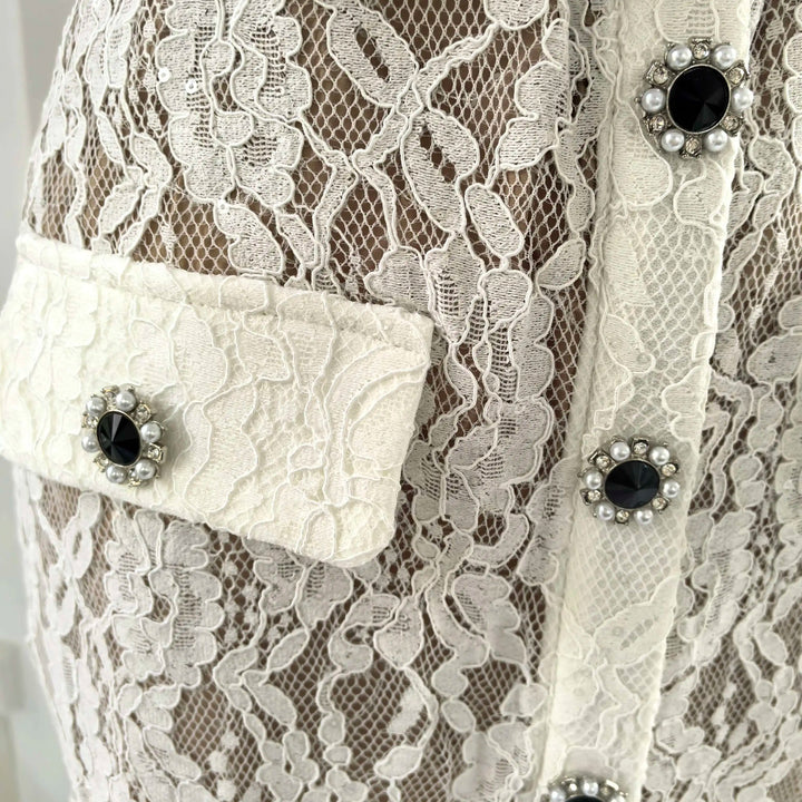 Luxury Crystal White Lace Embroidery Pencil Dress Elegant Short Sleeve Single Breasted Midi Dress.