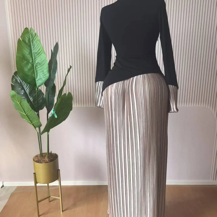 Women Patchwork Flare Long Sleeve U-collar Pleated Big Swing Maxi Long Dress perfect for special occasions.