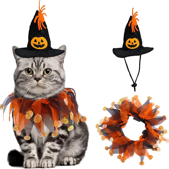 Halloween Pet Costume Set with Adjustable Elastic Hat Collar for Dogs and Cats - Pumpkin Style
