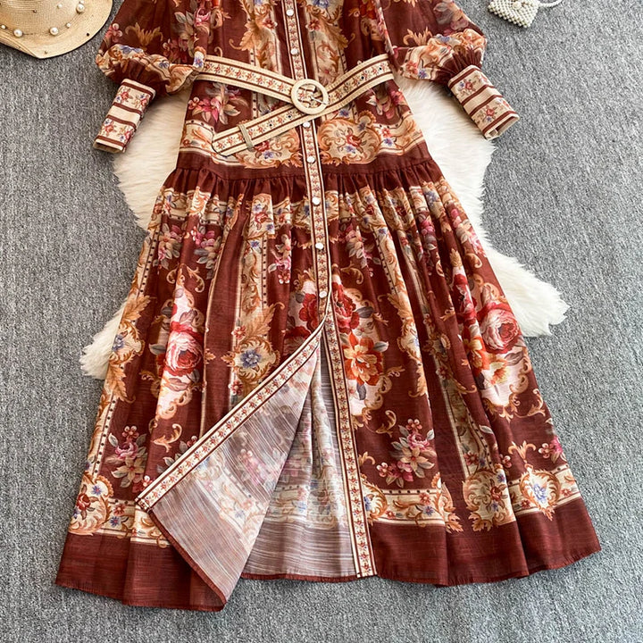 New Retro Court Printed Lapel Lantern Sleeve Cinched Waist Single Breasted Long Sleeve Elegant Long Dress
