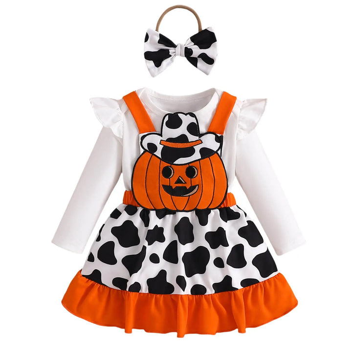 Baby Girls Halloween Clothing Set Cute Ghost Pumpkin Face Applique Suspender Dress with Rompers Carnival Party Cosplay Costume