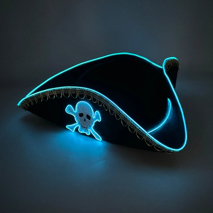 Halloween LED Light Black Pirate Hat For Adult Pirate Theme Party Glowing Cap Cosplay Costume Luminous Hat With Skull Pattern