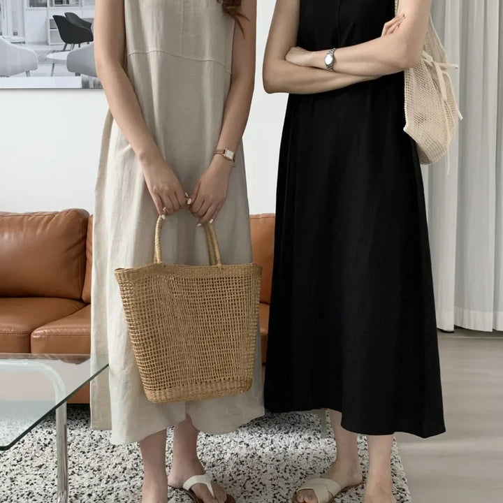 Cotton Linen Women Tank Dress Solid Sleeveless O-neck Casual Loose Straight Long .