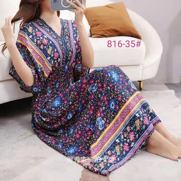V-neck Large Skirt Hem Casual Sweet Long Dress Bat Sleeves Elastic Waist Bohemian Print Floral Elegant .