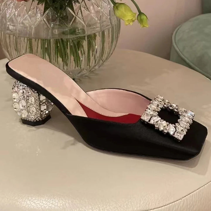 New Rhinestone Pumps Women Square Toe Slip-on Mules Female Crystal High Heels Women Dress Shoes Women sandalias de las mujeres