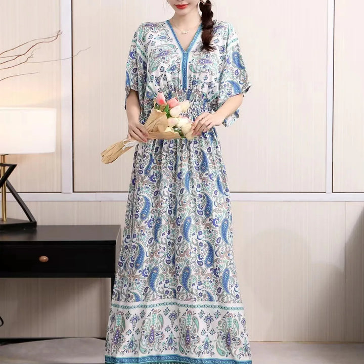 V-neck Large Skirt Hem Casual Sweet Long Dress Bat Sleeves Elastic Waist Bohemian Print Floral Elegant .