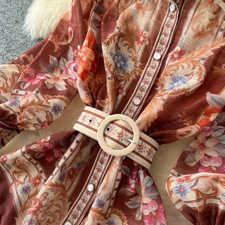 New Retro Court Printed Lapel Lantern Sleeve Cinched Waist Single Breasted Long Sleeve Elegant Long Dress