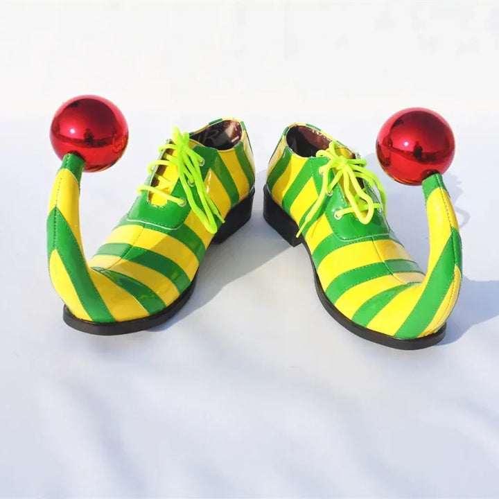 Adults Halloween Clown Cosplay Shoes Funny Circus Club Clown Performance Stripe Clown Shoes With Red Ball Carnival Cosplay Shoes