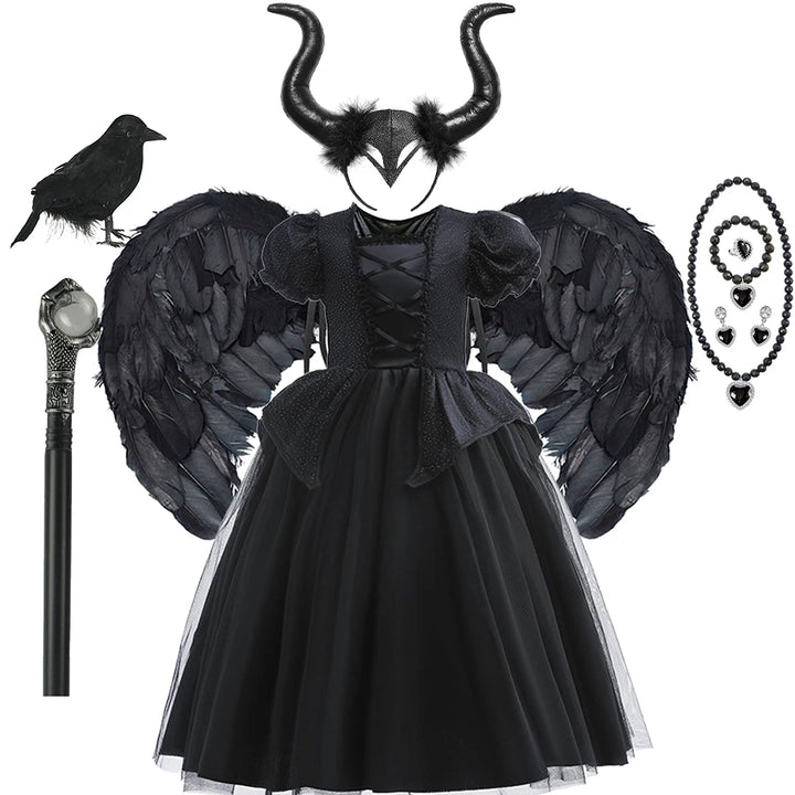 Halloween Costume For Kids Black Witch Dress Luxury Lace Sequin Evil Role Playing Costume Maleficent Dress Up Outfit Ghost Bride