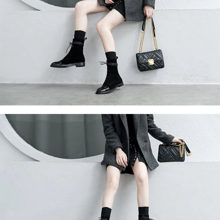 Boots Women's 2023 New Autumn Shoes Single Boots British Style Mid Barrel Slim Boots Children's Black Motorcycle Boots