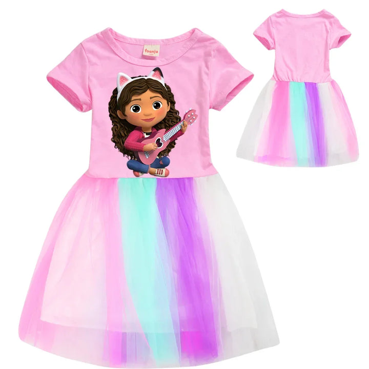 Gabby Doolhouse Clothes for Baby Girls Summer Short Sleeve Dresses Kids Cartoon Gabby Cats Dress Children Lace Princess Vestidos
