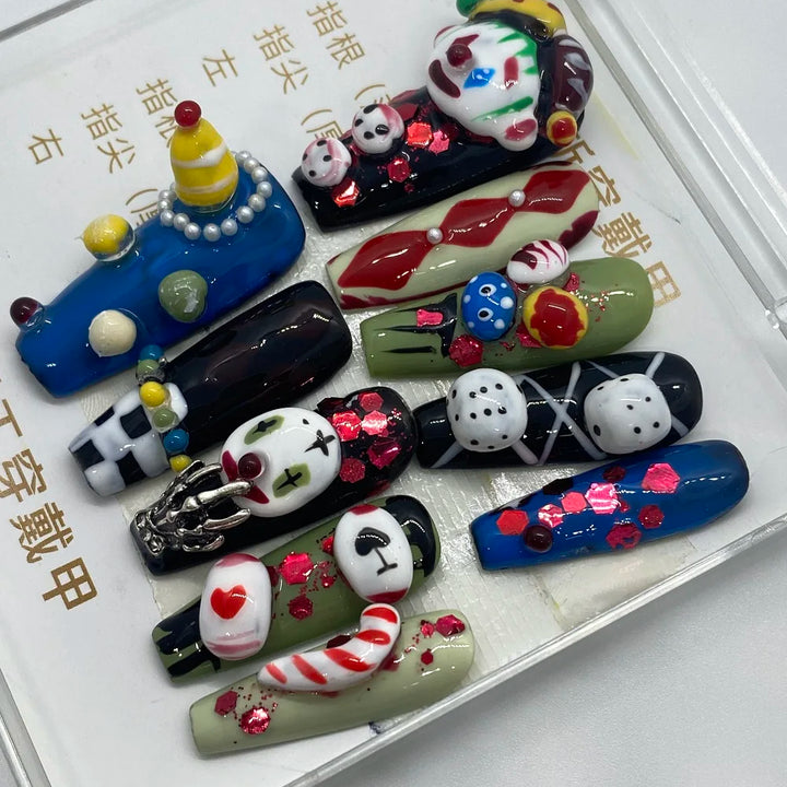 High-Quality Handmade 3D Art Press On Nails Halloween Theme Horror Clown Coffin Shape Spicy Girl Style Detachable Wear Fake Nail