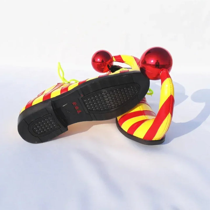 Adults Halloween Clown Cosplay Shoes Funny Circus Club Clown Performance Stripe Clown Shoes With Red Ball Carnival Cosplay Shoes