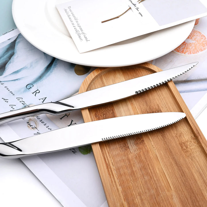 24Pcs Shiny Black Cutlery Set Stainless Steel Dinnerware Sharp Steak Knife Forks Coffee Spoons Tableware Kitchen Silverware Set