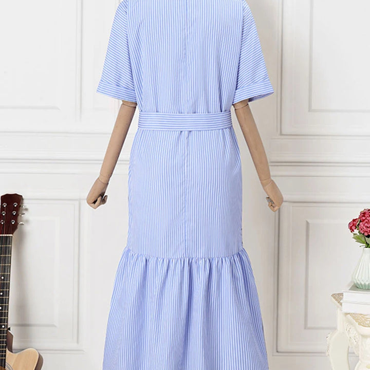 Elegant Striped Printing Short Sleeve Maxi Long Dress Casual Daily Bohemian.