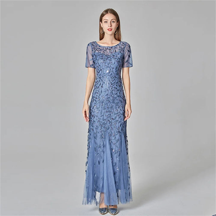 Gorgeous Round Neck Short Sleeves Sequined Mermaid Evening Dress