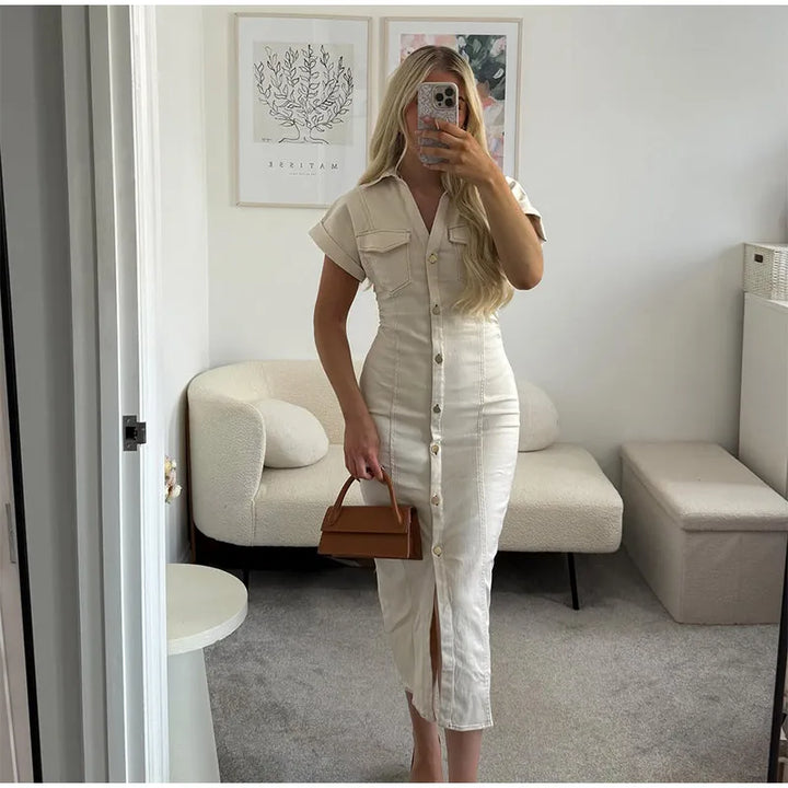 V-neck Denim Dress Fashion Slim Long Dress Chic Short Sleeves Single Button High.