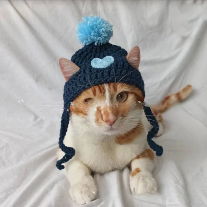 Cute Crochet Pet Hat with Wool Ball - Soft Yarn Cat Dog Costume, Birthday Photo Prop, Warm Winter Hat for Puppy Kitten