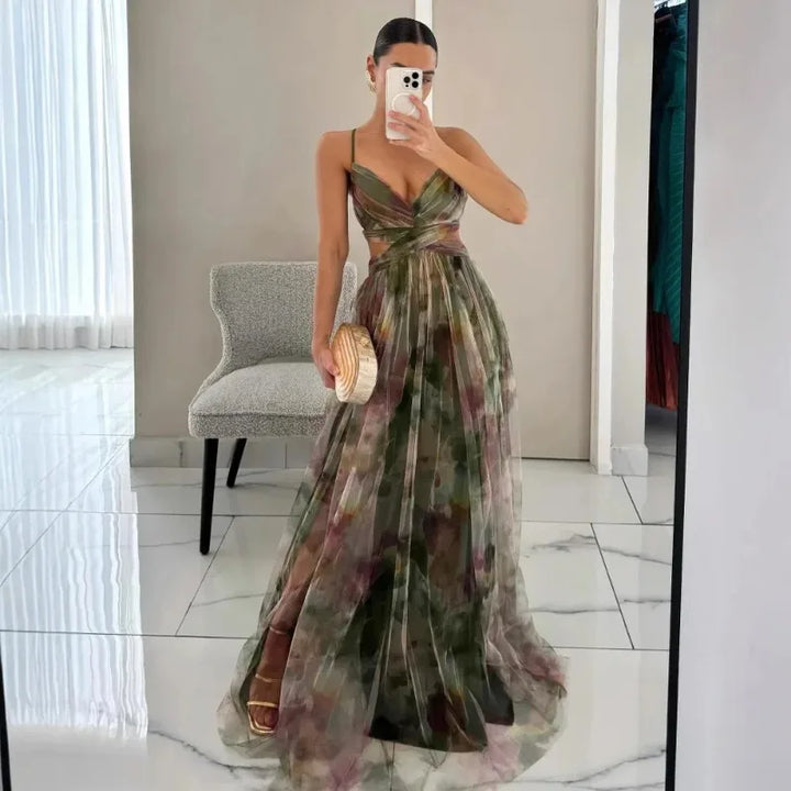 Out Party Dress, Loungewear Fashion Printing Maxi Dress, Sleeveless Lace-Up