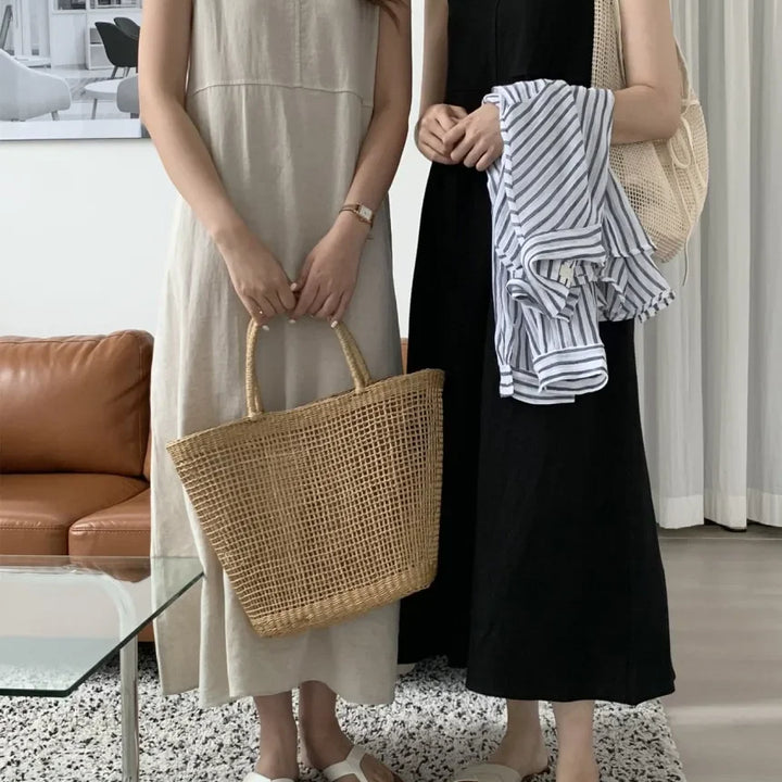 Cotton Linen Women Tank Dress Solid Sleeveless O-neck Casual Loose Straight Long .