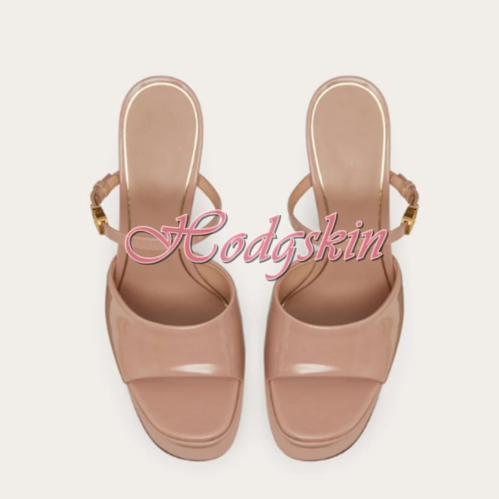 Thick Sole Shiny Leather Sandals Open Toe High Platform Chunky High Heels Solid Buckles Straps Sandals Women Dress Shoes Design