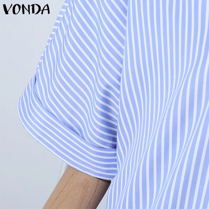 Elegant Striped Printing Short Sleeve Maxi Long Dress Casual Daily Bohemian.