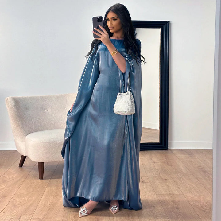 Tossy Autumn Loose Shiny Maxi Dress Butterfly Batwing Long Sleeve Muslim Clothes Party Solid Female Long Dress New