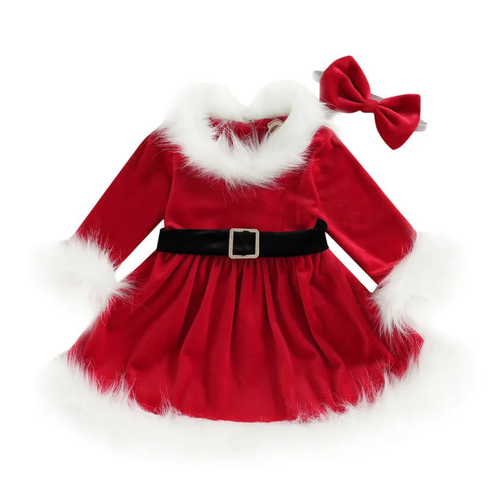 Christmas Baby Girl Clothes Party Dresses Long Sleeve O Neck Plush Patchwork A-line Dress with Belt and Headband Baby Clothing