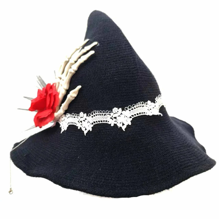 Halloween Cosplay Witch Hat with Skeleton Hand Red Rose Lace Design Gothic Lolita Costume Accessory for Girls Women