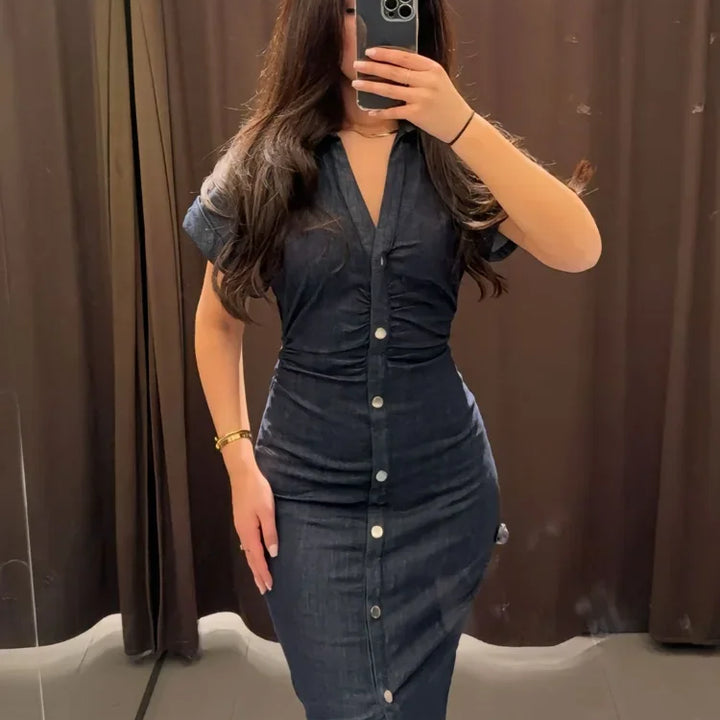 V-neck Denim Dress Fashion Slim Long Dress Chic Short Sleeves Single Button High.