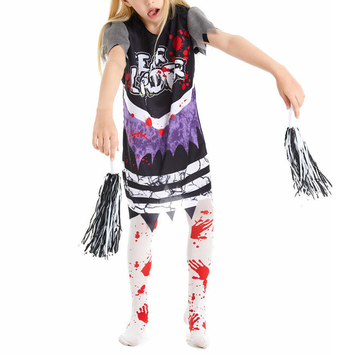 Kids Girls Halloween Party Horror Zombie Cosplay Costume Cheerleading Dance Outfits Bloody Dress with Stockings Flower Balls
