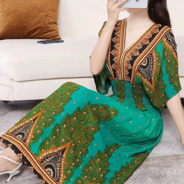 V-neck Large Skirt Hem Casual Sweet Long Dress Bat Sleeves Elastic Waist Bohemian Print Floral Elegant .