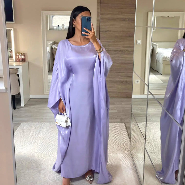 Tossy Autumn Loose Shiny Maxi Dress Butterfly Batwing Long Sleeve Muslim Clothes Party Solid Female Long Dress New