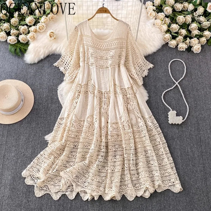 OCEANLOVE Hook Hollow Out  Dress Spring Summer Beach Style Knitted  Fashion Elegant Loose Long Dress